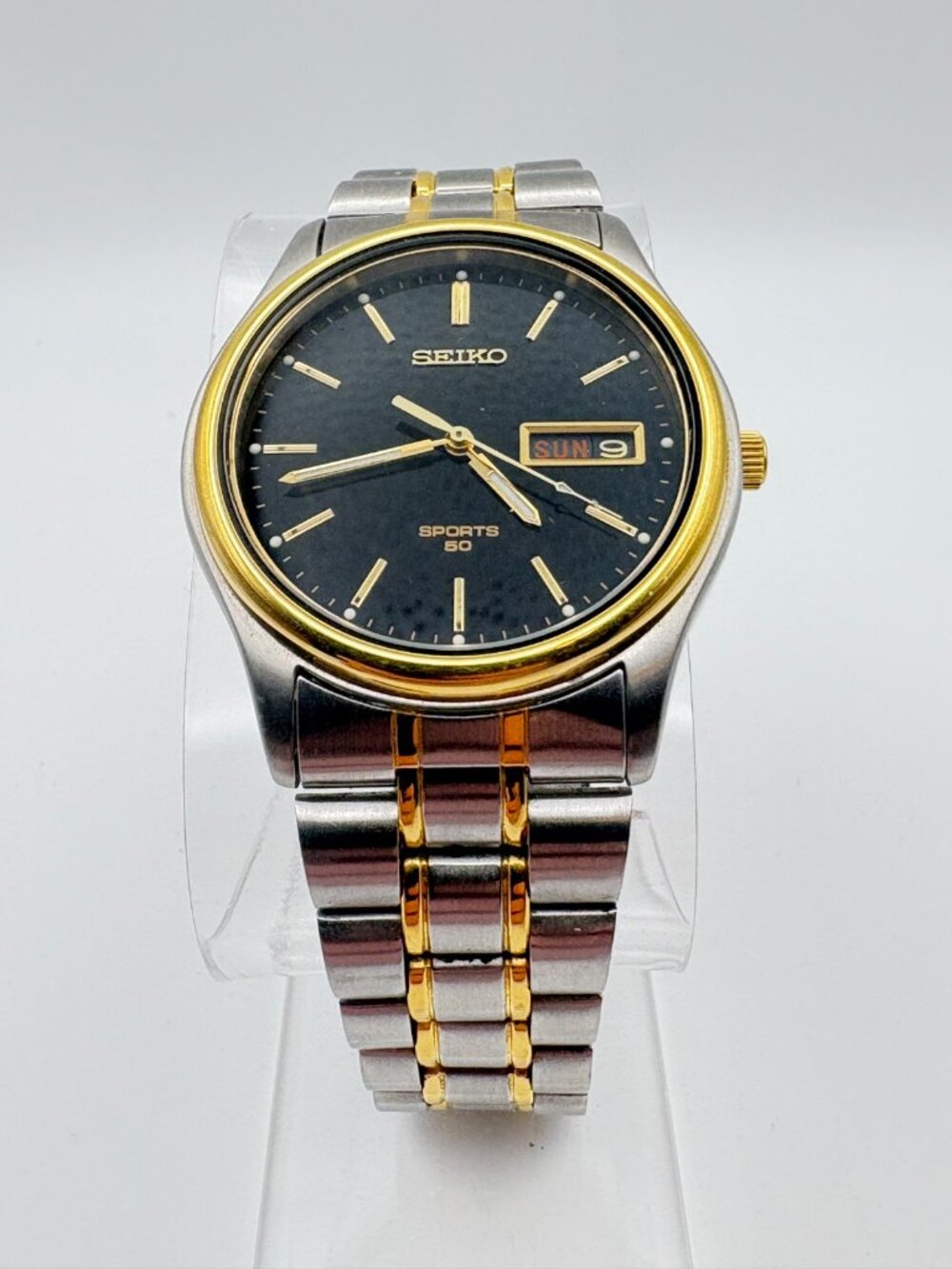 Seiko Sports 50 Two Tone Men Watch Black Dial Day Date Quartz 7N43-9A00